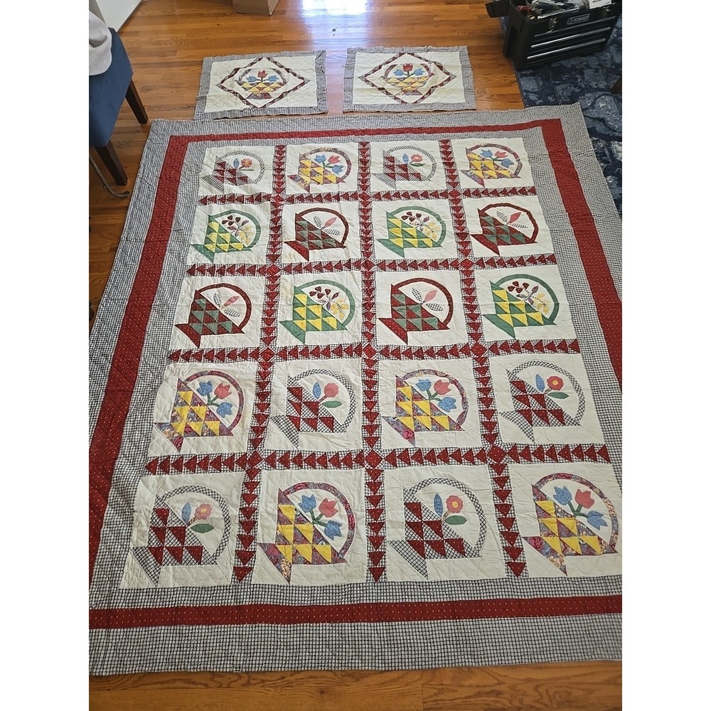 Vtg Grannycore Cottagecore Flower Basket Quilt Handmade Stiched 88" x96" Baskets